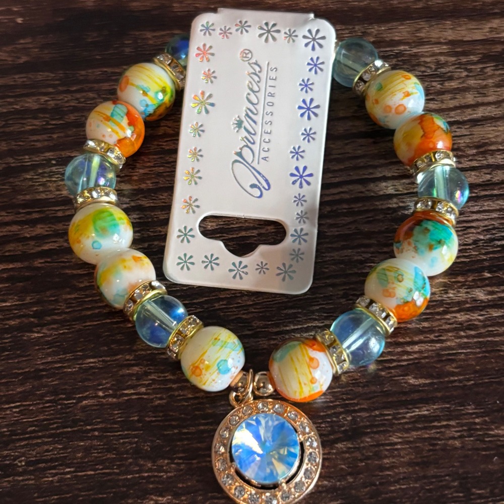Beaded Stretch Bracelet Multi Color Splatter Rhinestone Blue‎ - Picture 2 of 5